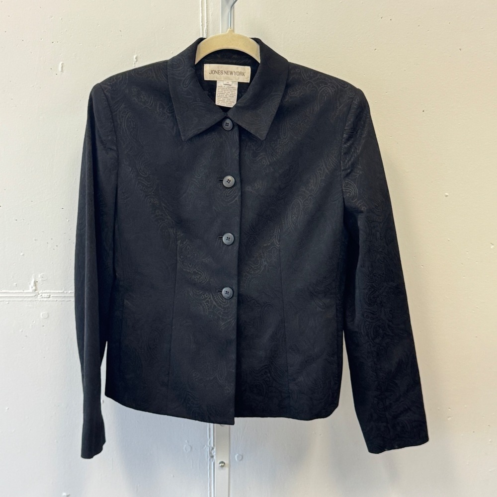 Jones New York Womens Black Paisley Jacquard Button Front Blazer Jacket Size 4